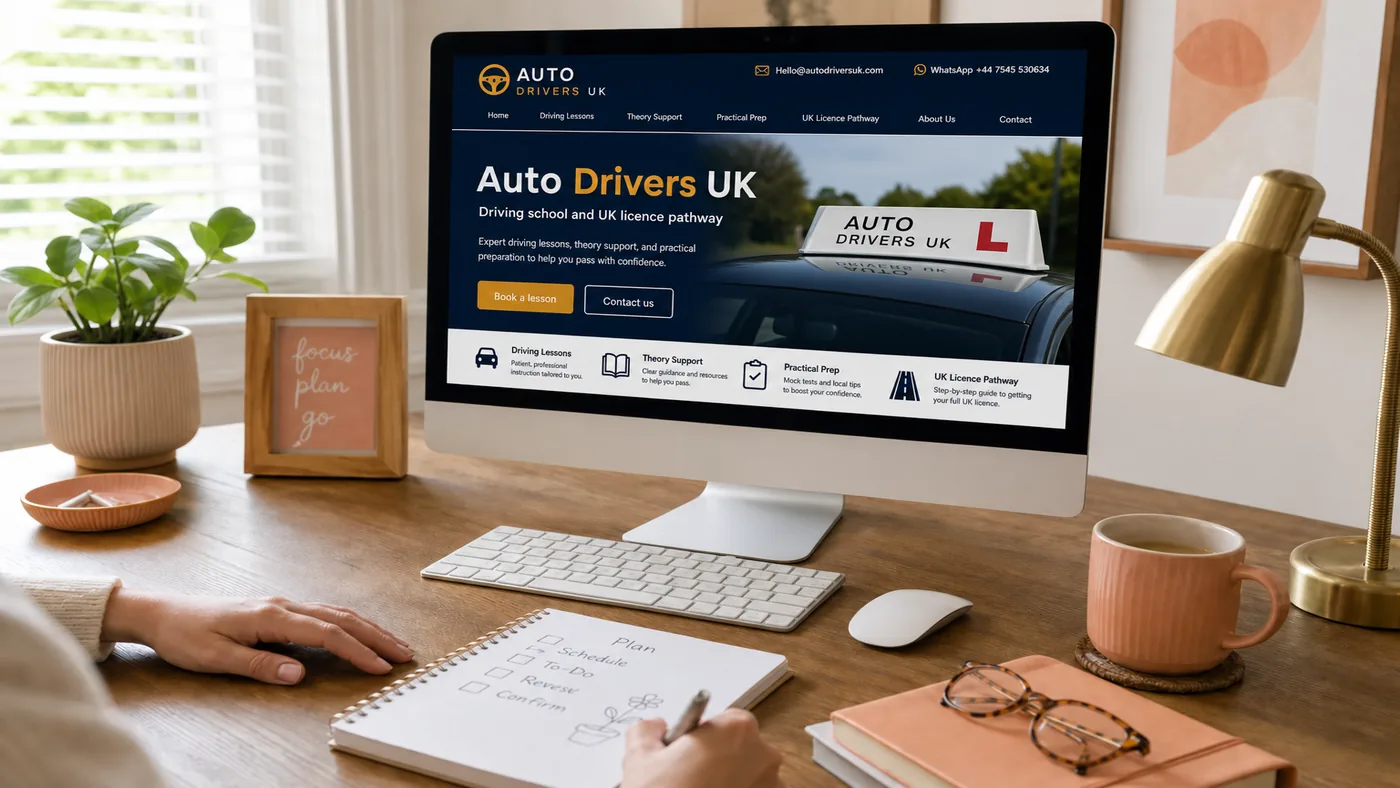 Desktop computer showing Auto Drivers UK website