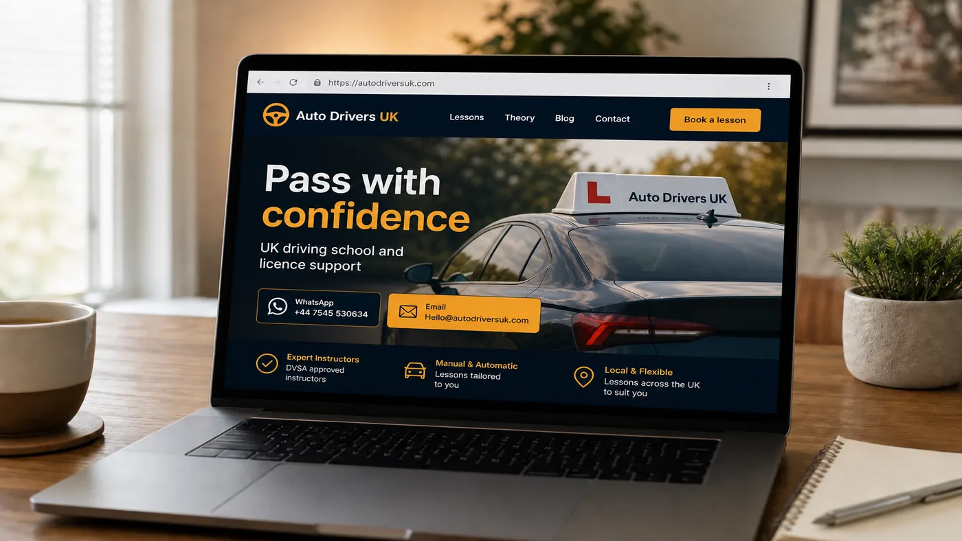 Laptop showing Auto Drivers UK website on a desk